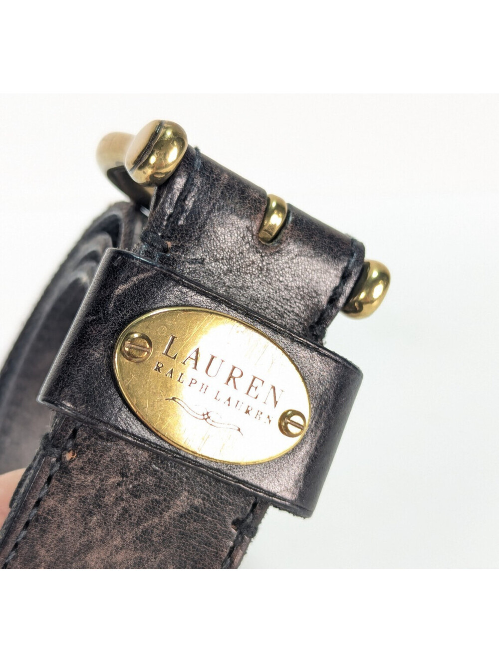 Lauren Ralph Lauren Equestrian Brass Buckle Oval Logo Plaque Black Leather Belt - Picture 2 of 10